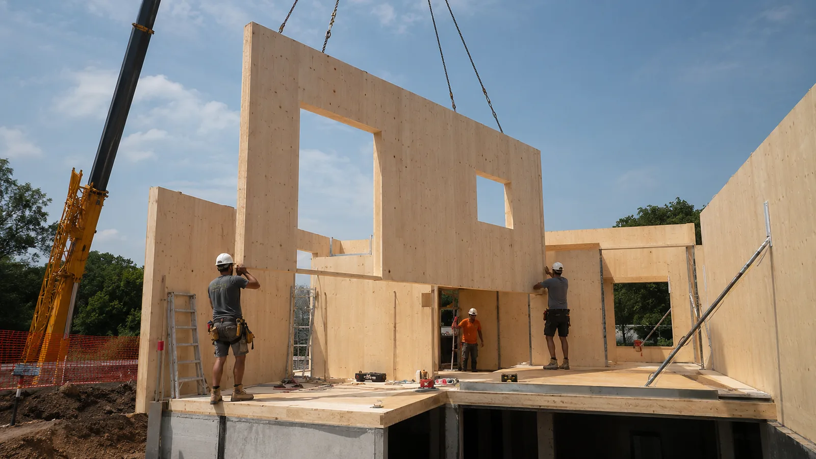 Cantiere con gru che solleva pannelli XLAM in legno, operai in elmetto guidano il posizionamento