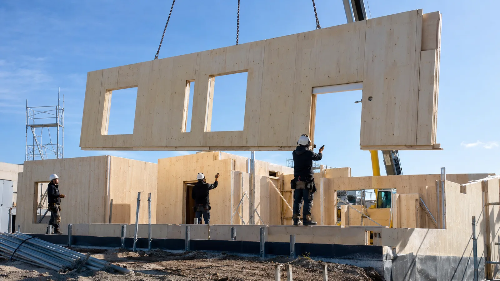 Pannelli XLAM in posa su struttura in legno durante assemblaggio della parete esterna con gru