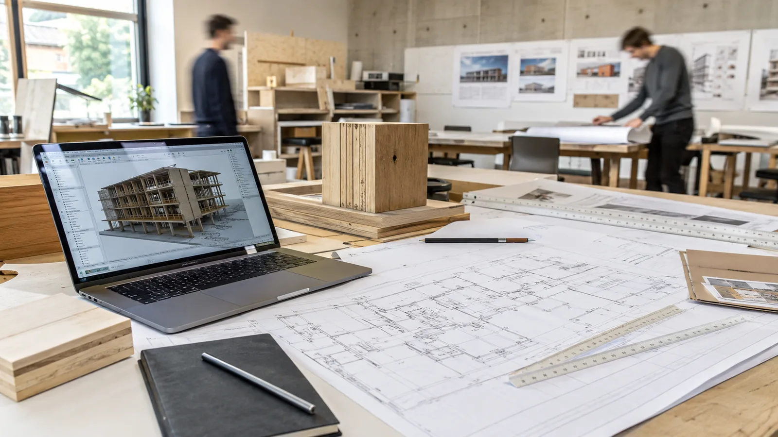 Planimetrie strutturali in xlam su tavolo da disegno con laptop che mostra modello BIM dell'edificio