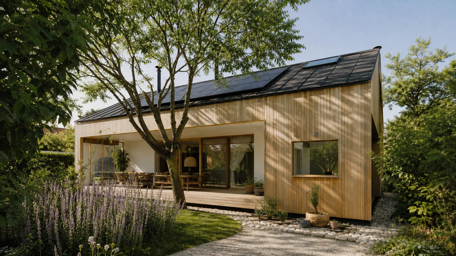casa sostenibile in legno immersa nel verde, bioedilizia