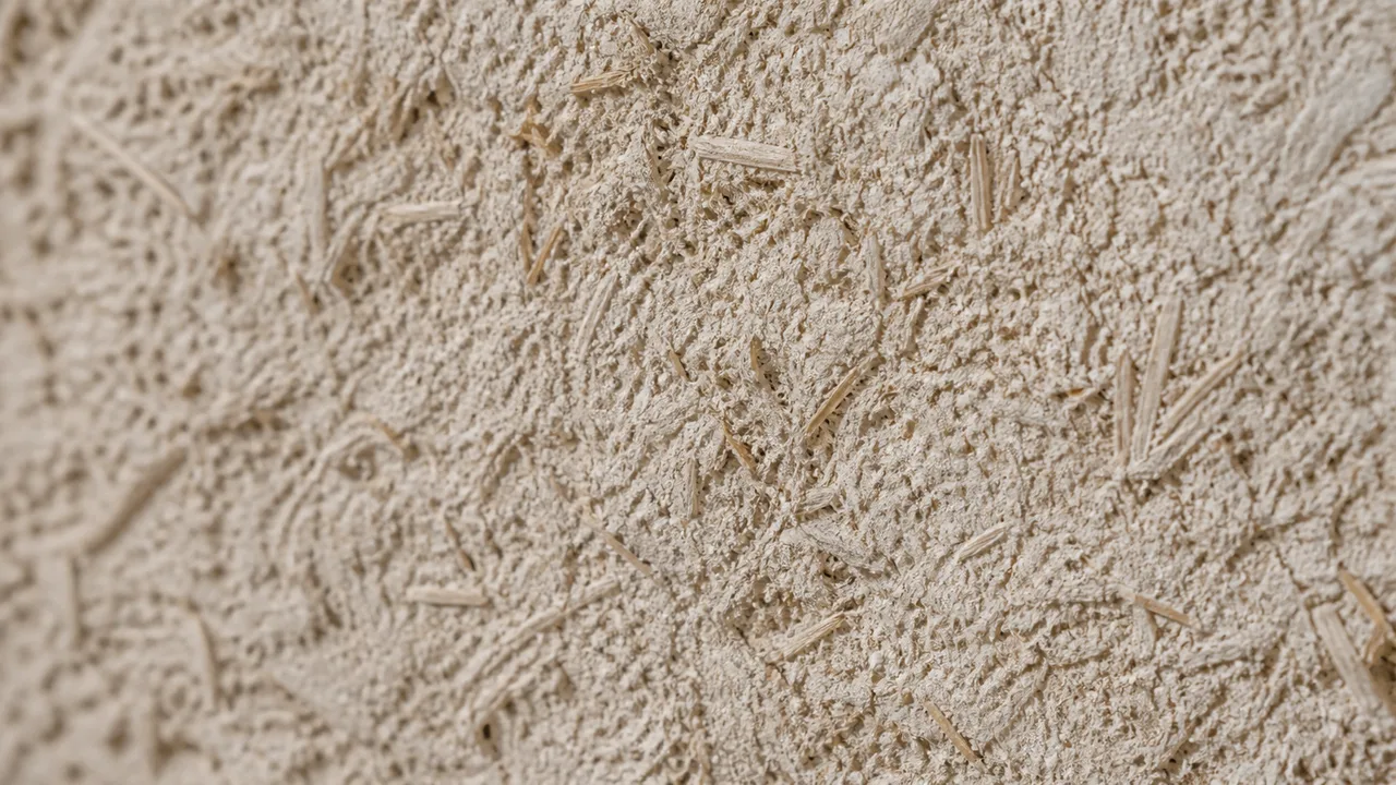 Dettaglio della texture di calce e canapa con canapulo visibile