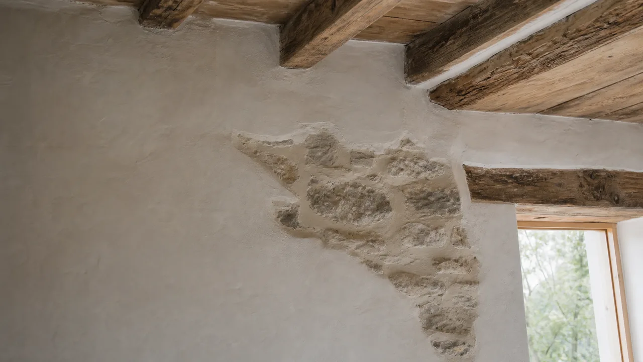 Intonaco di calce e travi in legno in un casale recuperato — ristrutturazione casa di campagna