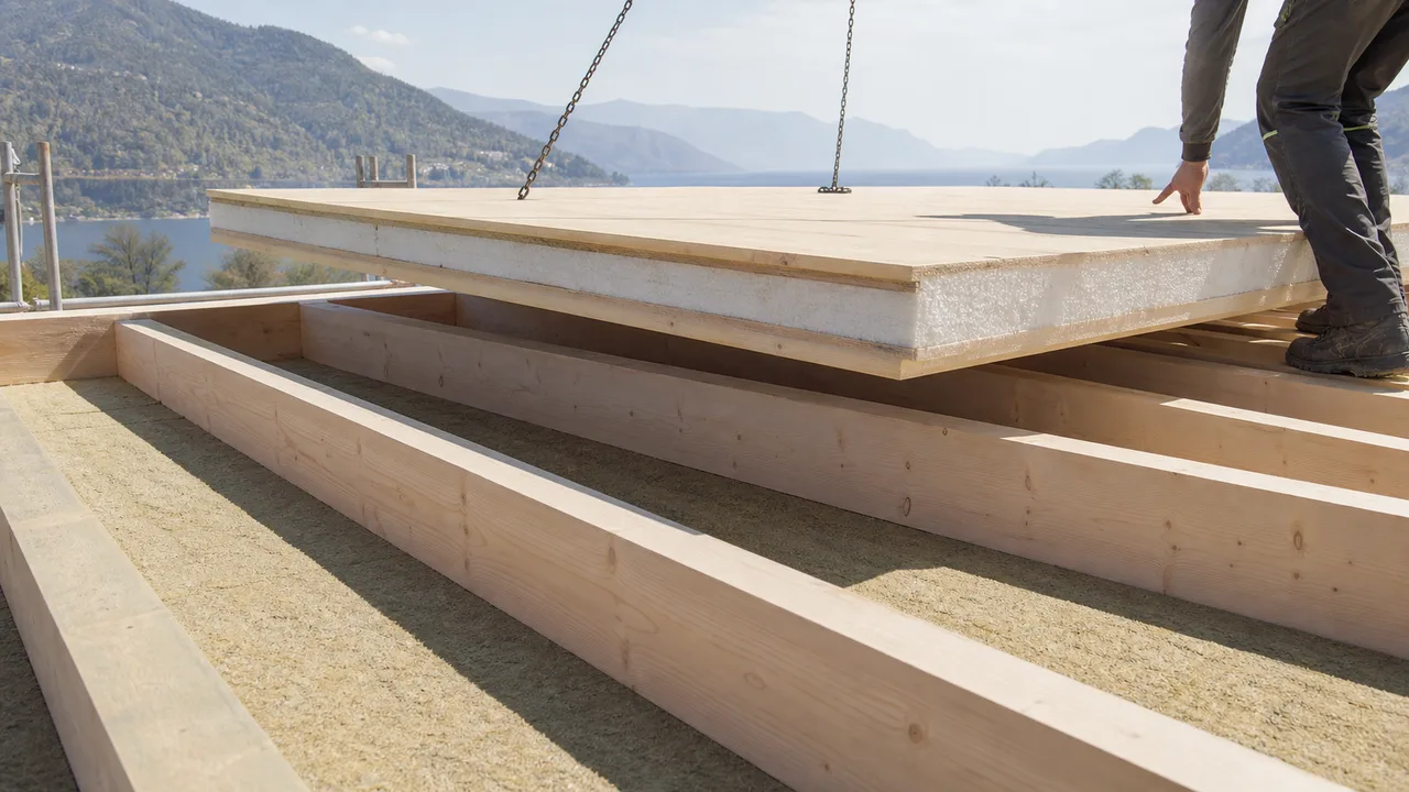 Isolamento tetto in copertura di legno X-Lam durante la posa dello strato isolante