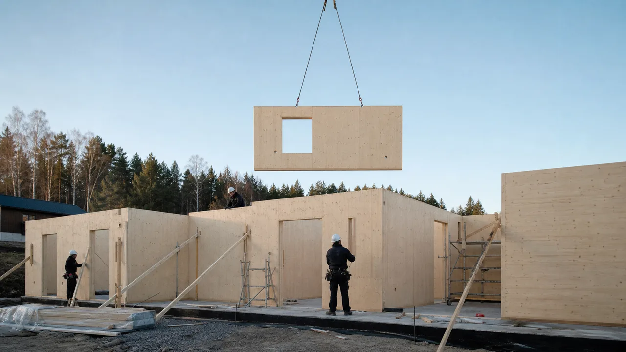 Montaggio della struttura di una casa in legno X-Lam in cantiere