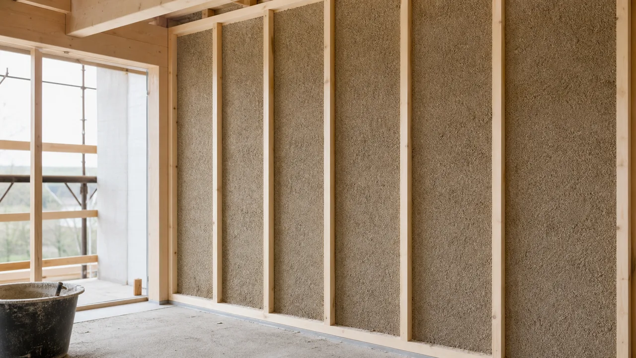 Parete in calce e canapa applicata su struttura in legno in un cantiere di bioedilizia