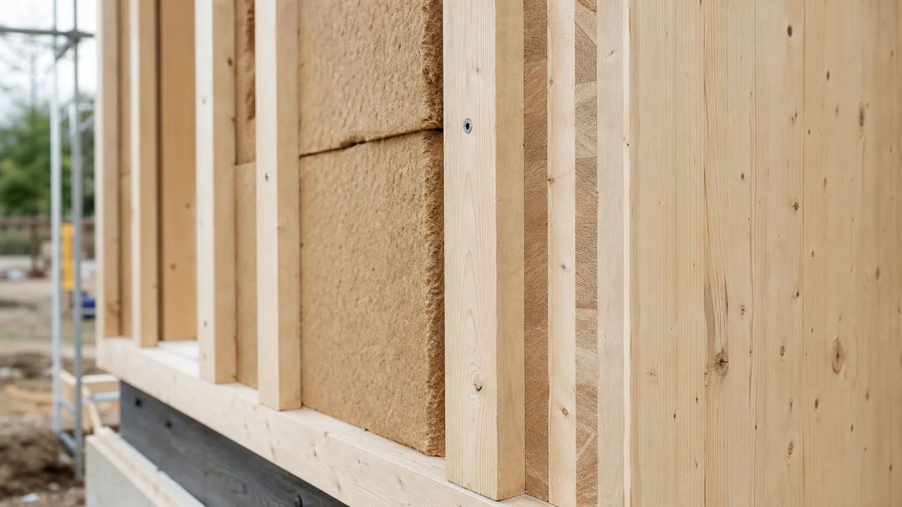 Parete in legno XLAM con isolamento naturale in cantiere di bioedilizia
