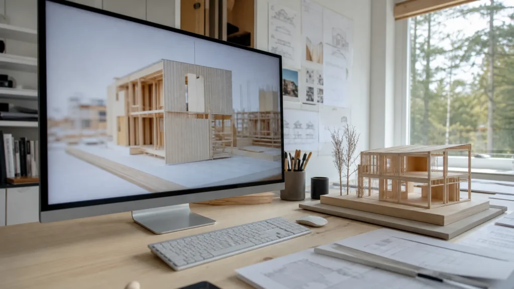 studio di progettazione che lavora a un modello BIM di edificio in XLAM