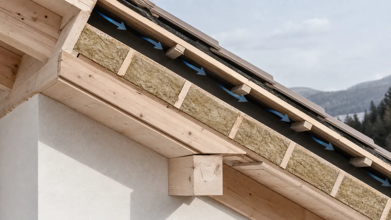 Stratigrafia di un tetto ventilato in legno con strato isolante e intercapedine di ventilazione