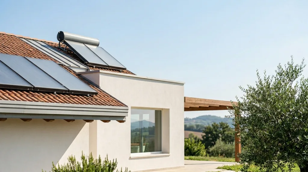 Casa con collettori solari termici sul tetto: il solare termico è tra gli interventi del Conto Termico 3.0 per privati