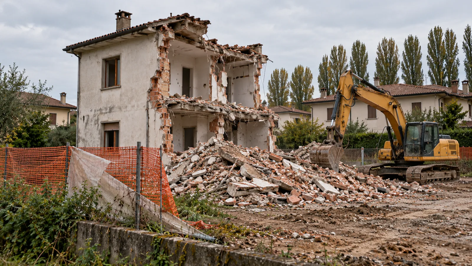 Casa a due piani in demolizione con escavatore giallo, cumulo di macerie e recinzione arancione di cantiere